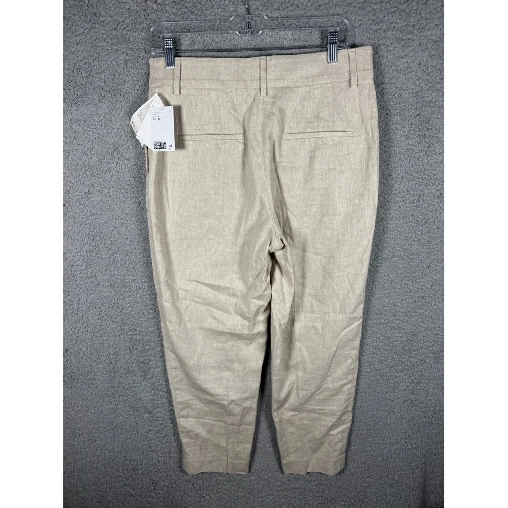 NWT HM Womens Beige Linen Blend High Rise Straight Leg Trousers Pants Size 8